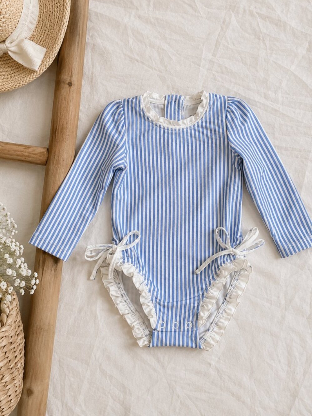 Caden Lane Blue White Seersucker Rash Guard Swimsuit 6-12M UPF 50+ Ruffle One Pi